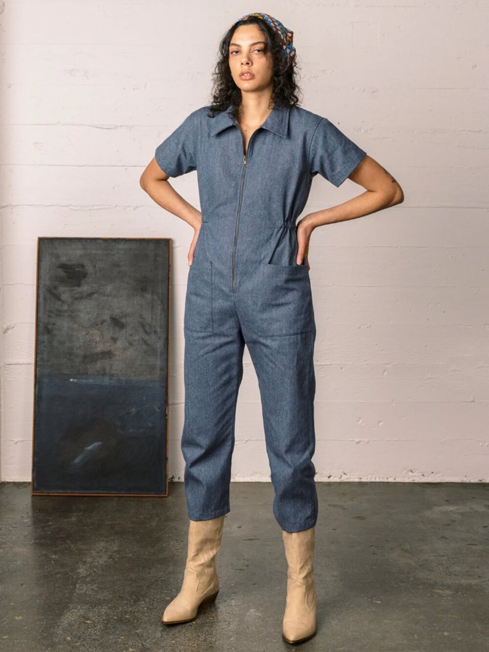 Noble X Denim Utility Suit Jumpsuit Zip Front Short Sleeve Blue M